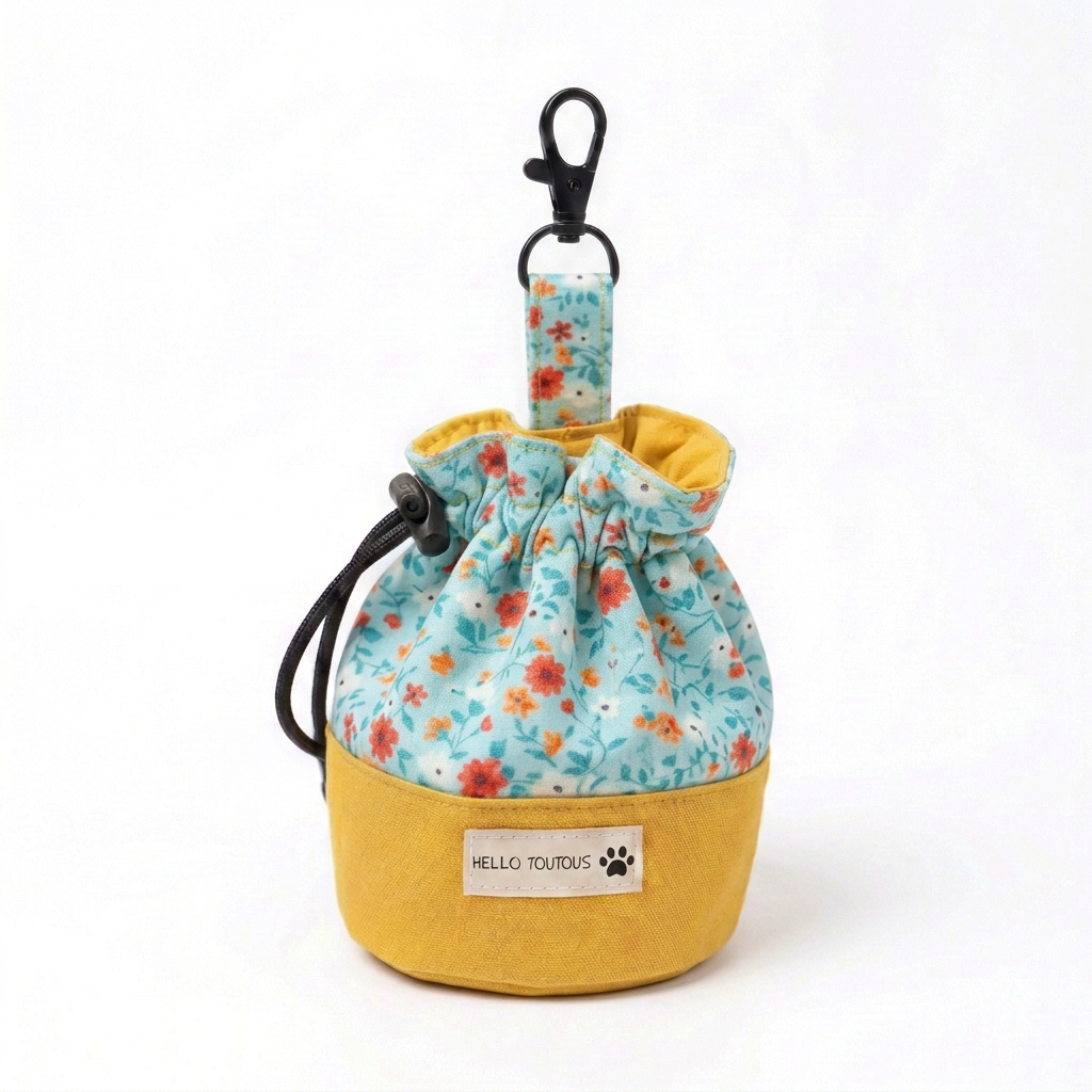 Pochon bicolore moutarde et tissu fleuri