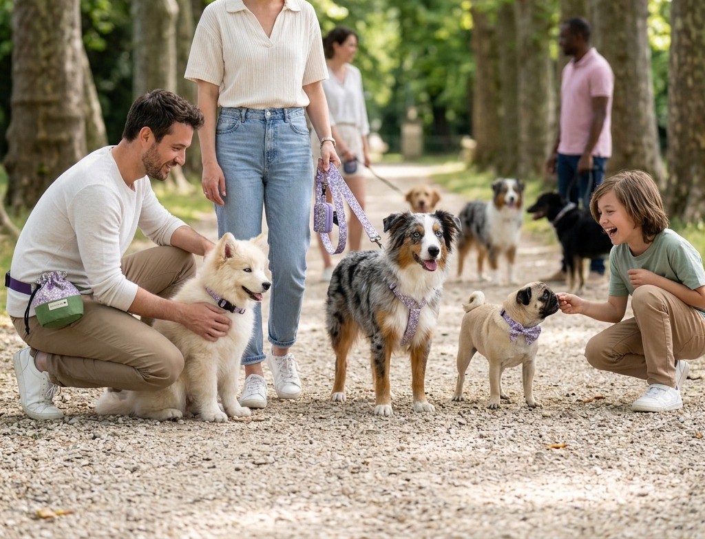 Famille et chiens en promenade, avec des accessoires fleuris